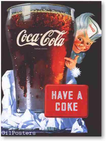 קוקה קולהרטרו פרסומת משקה קר בקבוק ילד כרזה רענן