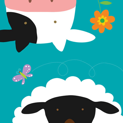 בחווה - פרה וכבשהפרה כבשה פרפר פרח שמיים ילדים
