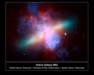 Chandra Hubble Spitzer X-ray Visible Infrared Image of M82Chandra Hubble Spitzer X-ray Visible Infrared Image of M82