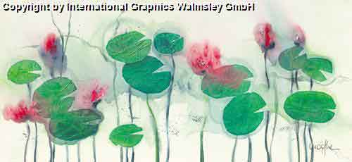חבצלות מיםאימפרסיוניסטי צבעי מים ירוק אדום נוף ציורי
