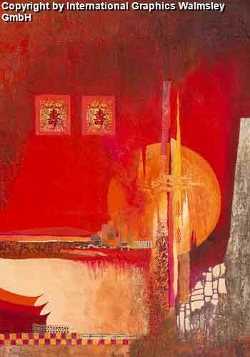 נוף סיניחום נוף אופק בתים מזרחי ציור אבסטרקט עיצוב אדום