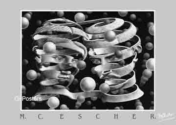 יחסיות מדרגות בית קומות רפלקציה הכפלה שחור לבן מעגליות פאזל Escher  פרטים ראש