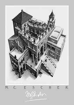 יחסיות מדרגות בית קומות רפלקציה הכפלה שחור לבן מעגליות פאזל Escher  פרטים 