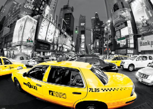 מוניות צהובותטיימס סקוואר שעת לחץ מכונית וינטג' כרזה רחובמונית צהובה ניו יורק Rush Hour Times Square שחור לבן