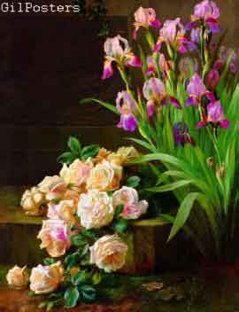 Still Life with Pink Roses and Iris